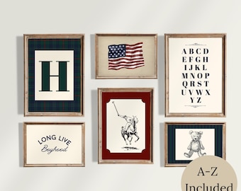 Americana Nursery Gallery Wall Art: Vintage Polo Player, Classic Teddy Bear, American Flag, Alphabet, Custom Monogram A-Z (Digital Download)
