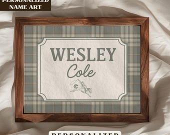 Personalized Nursery Name Wall Art, Vintage Nursery Printable Decor, Classic Plaid Baby Boys Bedroom Design, Digital Download