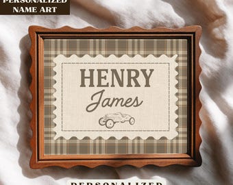 Personalized Nursery Name Wall Art, Vintage Nursery Printable Decor, Baby Name Sign, Classic Plaid Boys Bedroom Design, Digital Download