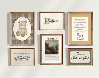 Christian Nursery Gallery Wall, Classic Boy Bedroom, Vintage Christian Art Kids Bible Verses, Scripture Based Art, Toddler Room Name Pennant