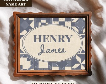 Personalized Patchwork Name Wall Art, Vintage Quilt Style Nursery Print, Custom Kids Room Decor  (Digital Download)