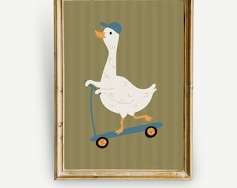 Decoración de pared con diseño de ganso gracioso, decoración de pared para sala de juegos con patinete de ganso, decoración de pared para dormitorio de niño con estética neutra, arte imprimible para dormitorio infantil.