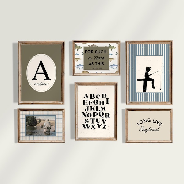 Guardería de pesca vintage y galería de pared para niños con monograma personalizado, versículo bíblico, "Viva la infancia", pescador, niño pequeño pescando, alfabeto