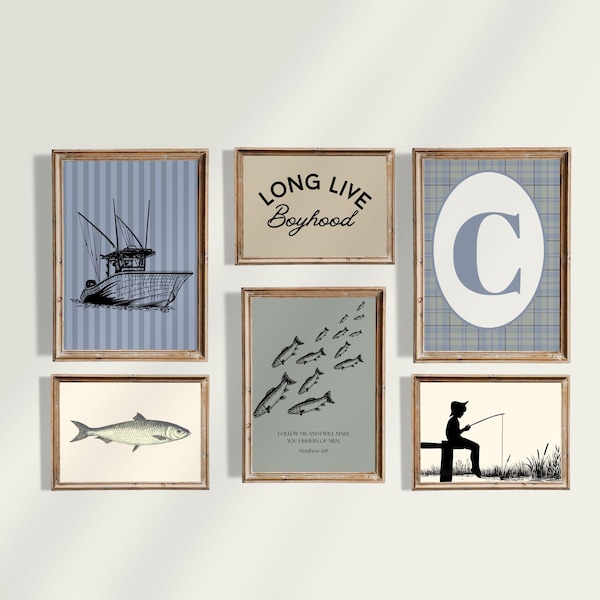 Arte mural para guardería y galería infantil de pesca: monograma personalizado, barco pesquero, boceto de un niño pescador, larga vida a la infancia, versículo bíblico del pescador de hombres