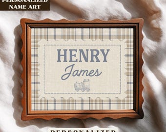 Personalized Nursery Name Wall Art, Vintage Nursery Printable Decor, Baby Name Sign, Classic Plaid Boys Bedroom Design, Digital Download