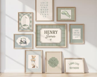 Personalized Boys Nursery Golf Gallery Wall Art Bundle Set of 9: Preppy Custom Name, Sports Illustrations, Quotes, Alphabet