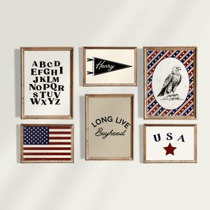 Galería de pared con motivos americanos vintage para habitación de bebé, dormitorio con transporte, arte clásico americano, arte mural para dormitorio con herencia americana, arte con la bandera estadounidense