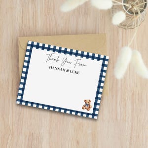 Benutzerdefinierte Teddybär-Babyparty-Dankeschön-Karte, karierte Danke-Karte, Bär-Babyparty-Druck, Gingham-Grenze-Babyparty-Dankeschön-Karten