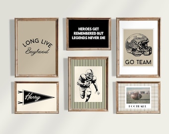 Sports Football Nursery and Kids Gallery Wall Art: Custom Name Pennant, Vintage Football Player and Helmet, Sports Quote, Long Live Boyhood