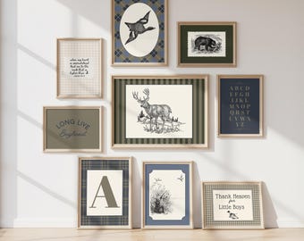 Classic Vintage Style Hunting Woodland Nursery Gallery Wall: Custom Monogram A-Z Deer, Bear, Duck Sketch, Long Live Boyhood, Alphabet Art