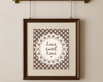 Home Sweet Home Gingham Wall Decor, Cozy Vintage Wall Art, Printable Home Designs, Sweet Quote, Kitchen, Breakfast Nook, Entryway Art