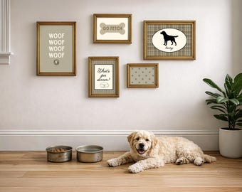 Vintage and Classic Green Dog Gallery Wall Art: Custom Dog Silhouette, Paw Print, Dog Bone, Tennis Ball, Dog Food Bowl, Woof, Fetch