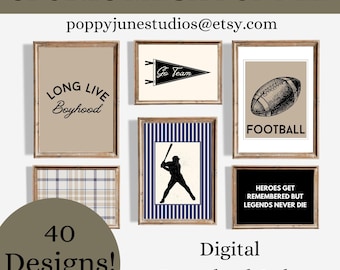 May include: A collection of framed sports-themed digital art prints. The prints feature text like "Long Live Boyhood" and "Football", along with a baseball player silhouette and a pennant that says "Go Team". The image also includes the text "40 Designs!" and "Digital Download Only".