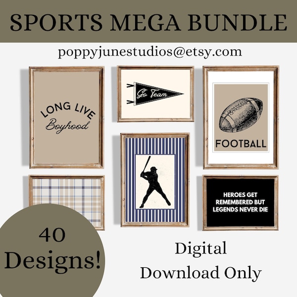 Sports Nursery Gallery Wall Mega Bundle, Sports Themed Bedroom, Vintage Sports Nursery, Printable Sports Art, Classic Sporty Playroom Decor