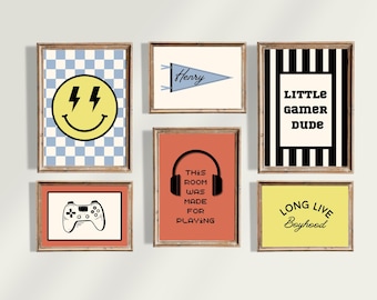 Retro Gamer Teen Boys Gallery Wall: Custom Name Pennant, Little Gamer Dude, Long Live Boyhood, Checkered Smiley Face, Game Controller