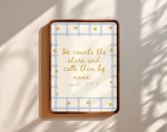 Psalm 147:4 Nursery Wall Art He Counts the Stars Christian Kids Decor Scripture Printable Colorful Playroom Decor Playful Designs Homeschool