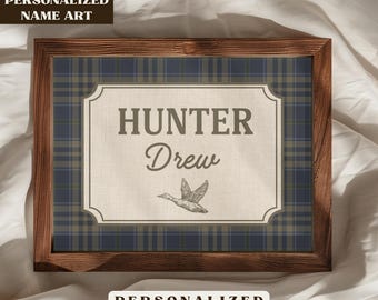 Personalized Nursery Name Wall Art, Vintage Nursery Printable Decor, Classic Plaid Baby Boys Bedroom Design, Digital Download