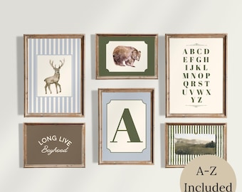 Timeless Green Earthy Boys Bedroom Wall Art Set Personalized Woodland Nursery Decor Forest Animal Digital Download Deer & Bear Watercolor