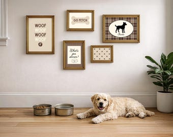 Vintage and Classic Brown Dog Gallery Wall Art: Custom Dog Silhouette, Paw Print, Dog Bone, Tennis Ball, Dog Food Bowl, Woof, Fetch