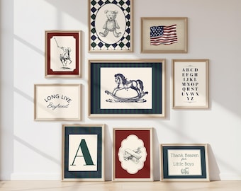 Americana Nursery Gallery Wall Art Boys Room Decor Set Vintage Polo Player Classic Teddy Bear American Flag  Alphabet Custom Monogram A-Z