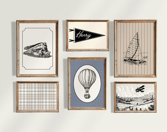 Vintage Transportation Nursery Gallery Wall, Cars, Trains, Planes, Hot Air Balloon Bedroom, Vintage Planes Nursery Printable Kids Room Art