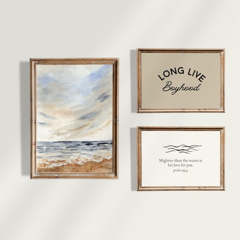Vintage Boat Nursery and Kids Gallery Wall: Custom Name Pennant, Long Live Boyhood, Bible Verse Psalm 93, Ocean Waves, Sailboat, Fish image 3