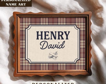 Personalized Nursery Name Wall Art, Vintage Nursery Printable Decor, Classic Plaid Baby Boys Bedroom Design, Digital Download