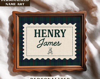 Personalized Nursery Name Wall Art, Vintage Nursery Printable Decor, Baby Name Sign, Classic Plaid Boys Bedroom Design, Digital Download