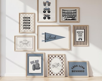Monster Truck Nursery Prints Set: Custom Name Pennant, Long Live Boyhood, Racing & Truck Illustrations, Typography (Digital Download)