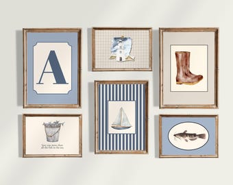 Kids Fishing Gallery Wall, Vintage Sailboat Nursery Wall Art, Nautical Nursery Decor, Boys Coastal Wall Art Set Printable, Custom Monogram