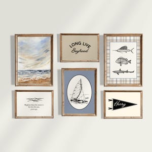 Galería de pared para niños y guardería con barco vintage: banderín con nombre personalizado, ¡Viva la infancia!, versículo bíblico del Salmo 93, olas del océano, velero, pez.