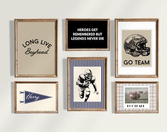 Sports Football Nursery and Kids Gallery Wall Art: Custom Name Pennant, Vintage Football Player and Helmet, Sports Quote, Long Live Boyhood