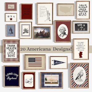 Peut inclure: Une collection de 20 cadres avec des motifs américains, comprenant des images du drapeau américain, des figures historiques et des citations patriotiques. Les cadres varient en style, avec un mélange de couleurs et de textures, pour une décoration patriotique.