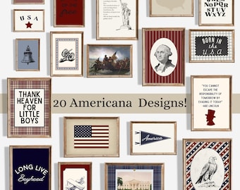 May include: A collection of 20 framed Americana designs, including images of the American flag, historical figures, patriotic quotes, and vintage illustrations. The frames are in various styles, with a mix of colors and textures, creating a cohesive display of patriotic art.