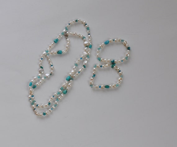 Fresh water pearls and turquoise necklace and bra… - image 2