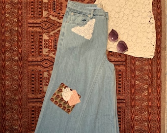 Patchwork Jeans for Women, Jeans Art, Jeans Custom, Hippie Jeans, Boho Jeans, Bell Bottoms, Free People, Patch Work Denim