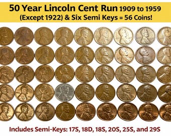 50 Year Lincoln cent run Plus!-(1909 to 1959-except 1922) 50 plus six semi keys = 56 coins!