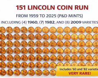 1959-2025 151 coins Lincoln cents ALL BU - plus (7) 1982 and (4) 1960 varieties