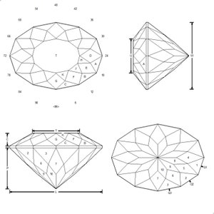 May include: Diagram of a diamond with labelled facets, including the table, crown, girdle, pavilion, and culet. The diagram shows the different angles and proportions of a diamond.