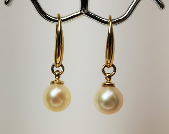 A Pair Of 14K Solid Gold High Quality White Fresh Water 8mm Round Pearls Drop Earrings Perfect Finishing Beautiful Luster Dangle Design
