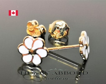 18k Yellow Solid Gold Earing With White Enamel Flower Design Earrings  .750K Dubai Gold Perfect Finishing Hand Made Gift For Her