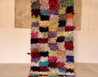 Tapis boucharouite fait main - Tapis marocain à poils longs en patchwork coloré