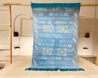 Handmade Moroccan Kilim Rug – Blue Berber Wool & Sabra Silk, Tribal Design