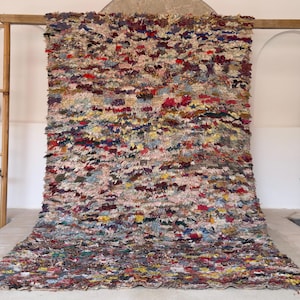 Old Vintage Boucharouite Rug – Authentic Moroccan Berber Carpet – Handmade Tribal Shag Rug – Unique Boho Home Decor