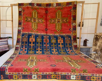 Tapis boujaad marocain vintage - Tapis berbère en laine tissé à la main, design géométrique rouge et bleu
