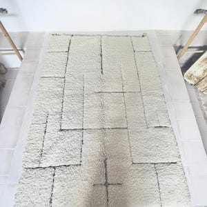 Modern Moroccan Wool Rug – Handmade Beni Ourain, Ivory with Black Grid Pattern, Plush Berber Carpet, Custom Size Minimalist Decor”
