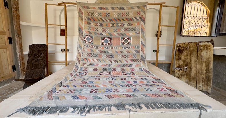 Handmade Berber Sabra Silk Rug – Multicolor Tribal Kilim, 7.9x4.2 ft image 3