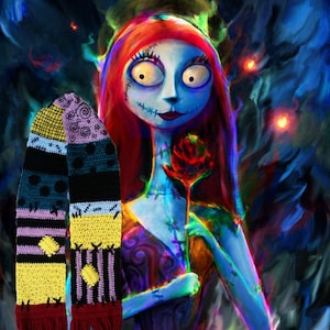 May include: A colorful crocheted scarf with a variety of patterns and colors, including yellow, purple, blue, and red. The scarf has fringe on the ends. The scarf is in front of a painting of a character from the movie The Nightmare Before Christmas.