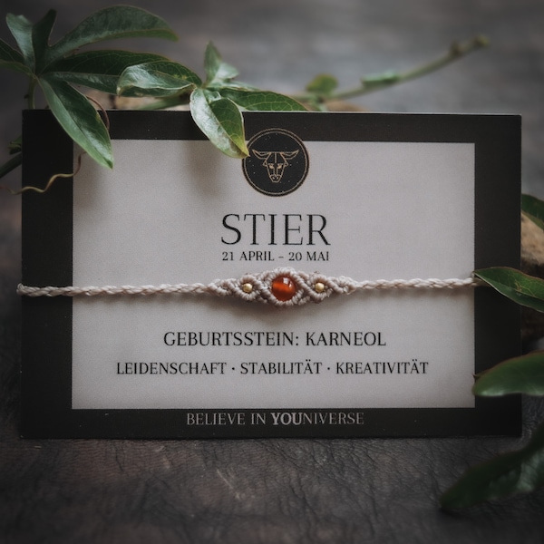 Sternzeichen Edelstein Armband STIER | Karneol | Geburtsstein | Schwarz | Beige | Energiearmband | Talisman | Monkimee