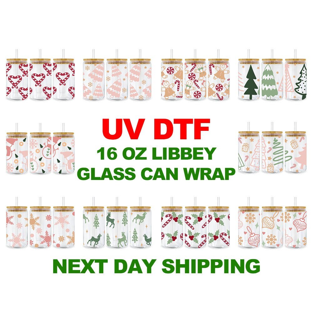  16OZ Glass Cups UV DTF Cup Wrap Christmas Rub on